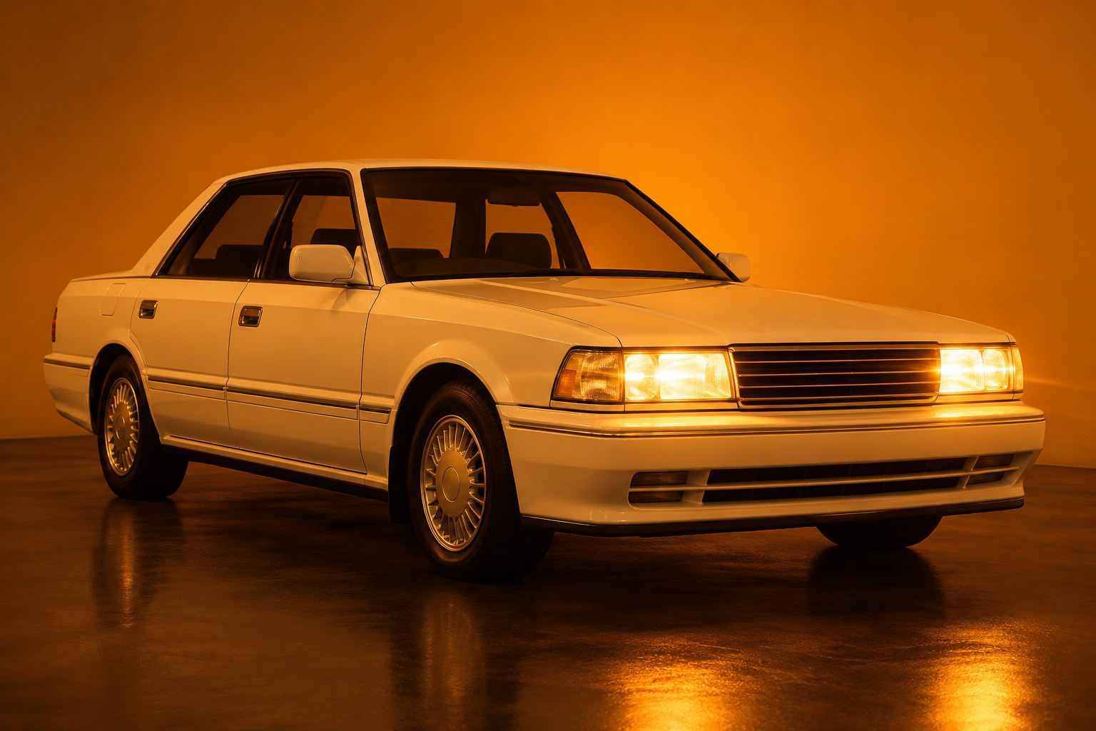 A boxy white 1990s sedan with its headlights on, photographed alone against a dark backdrop