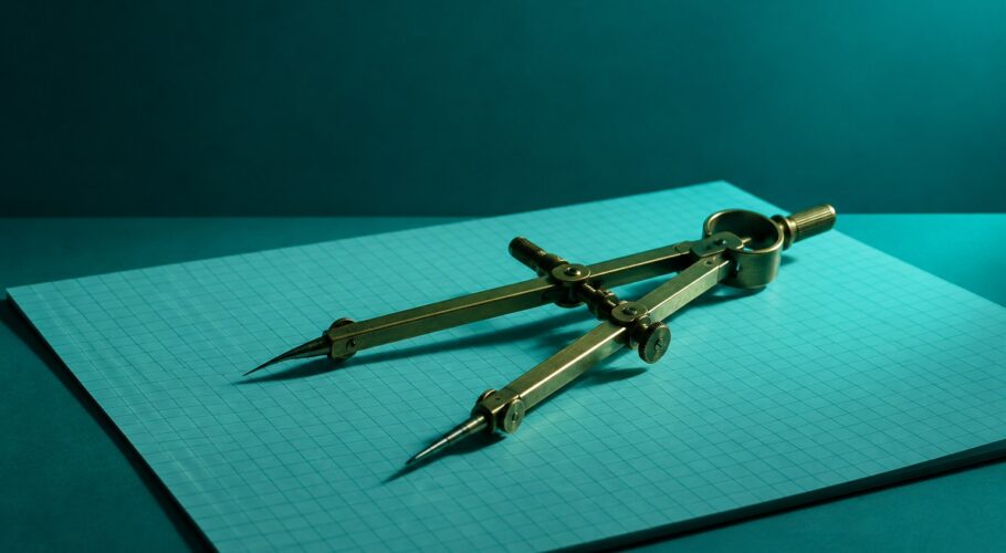 A brass drafting compass resting on blank graph paper under teal light