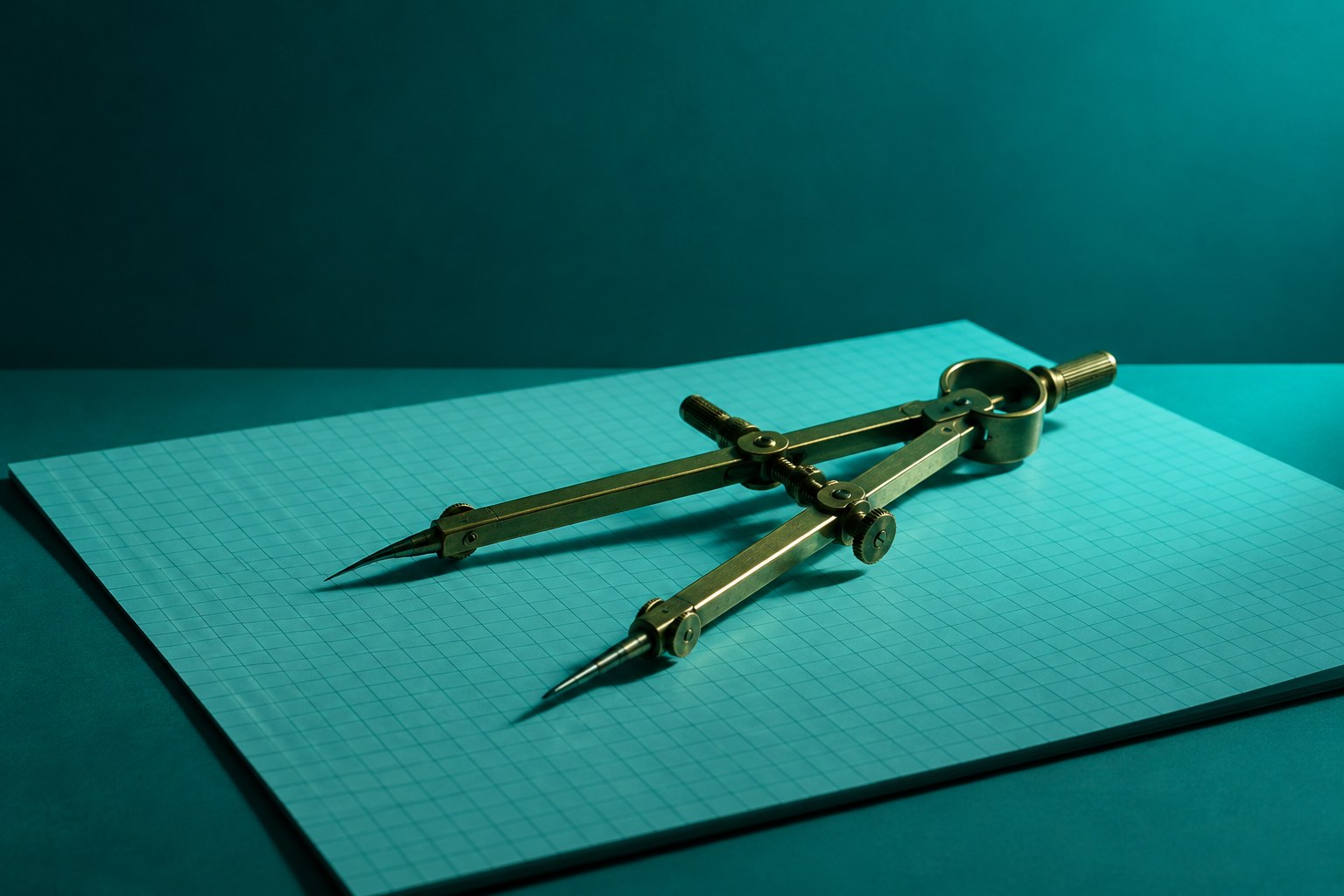 A brass drafting compass resting on blank graph paper under teal light
