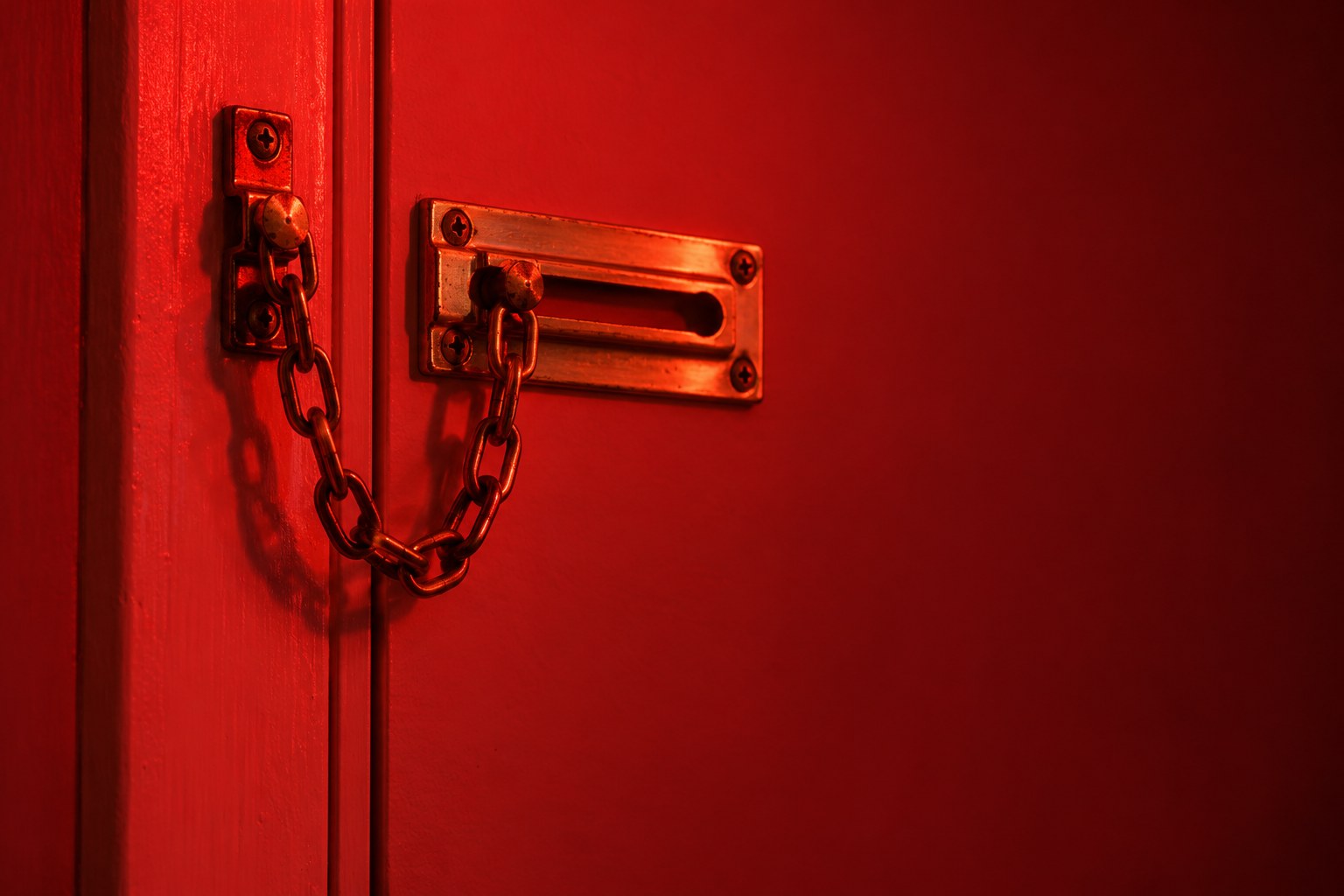 A brass door chain lock on a plain wooden door frame