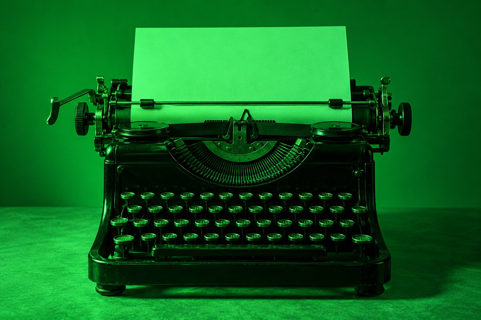 a vintage black manual typewriter with a blank sheet in the roller photographed in a studio