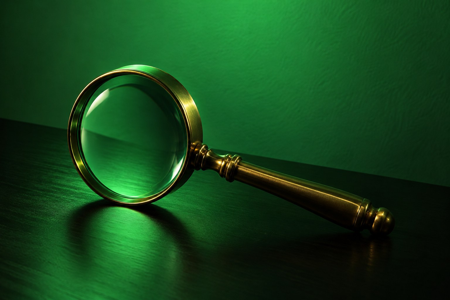 A brass magnifying glass on a black table