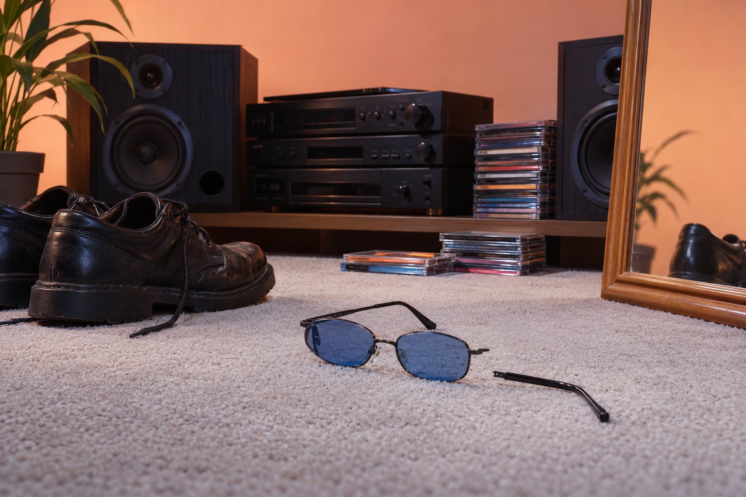Broken blue-lensed glasses on a bedroom carpet beside black shoes and a hi-fi stereo with CDs, 1990s Australia.