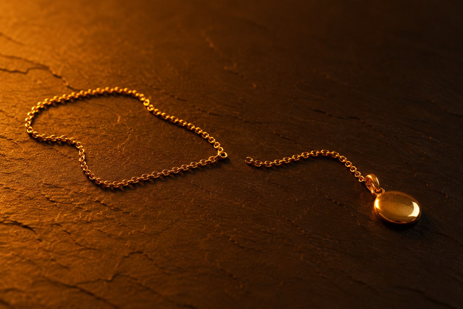A broken thin gold chain and small pendant on dark slate under warm light