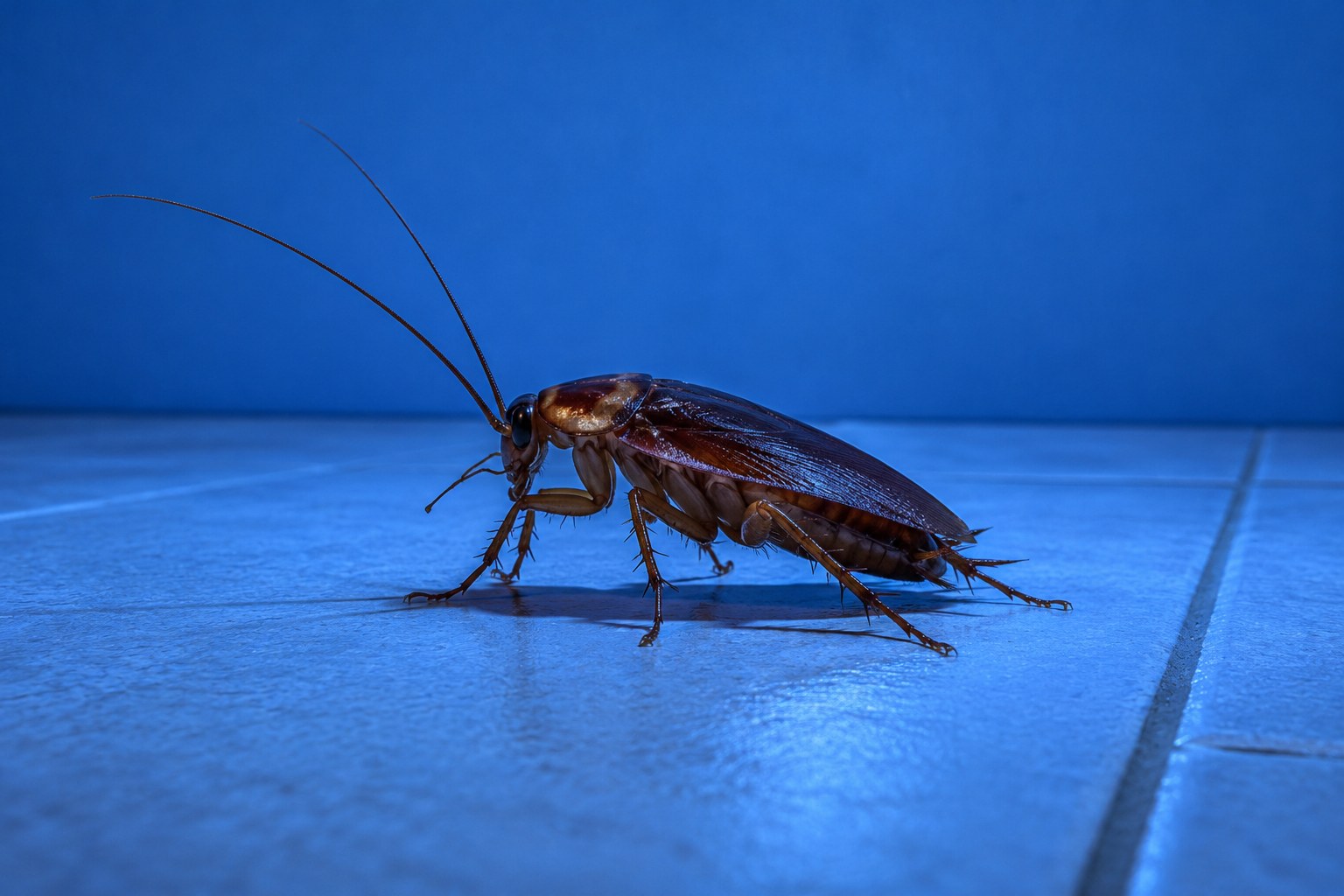 A brown cockroach on a pale grey tile