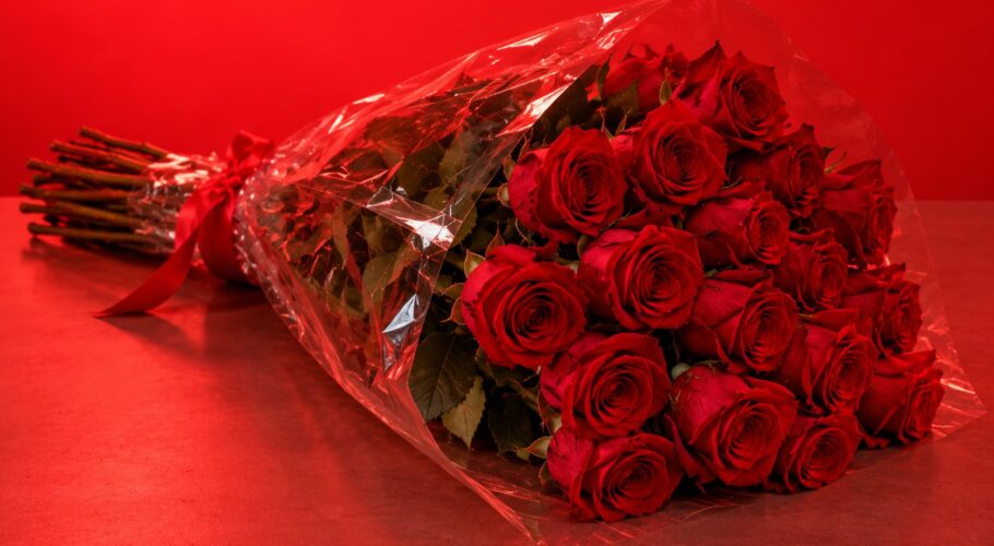 Eighteen red roses wrapped in clear cellophane lying on a table.