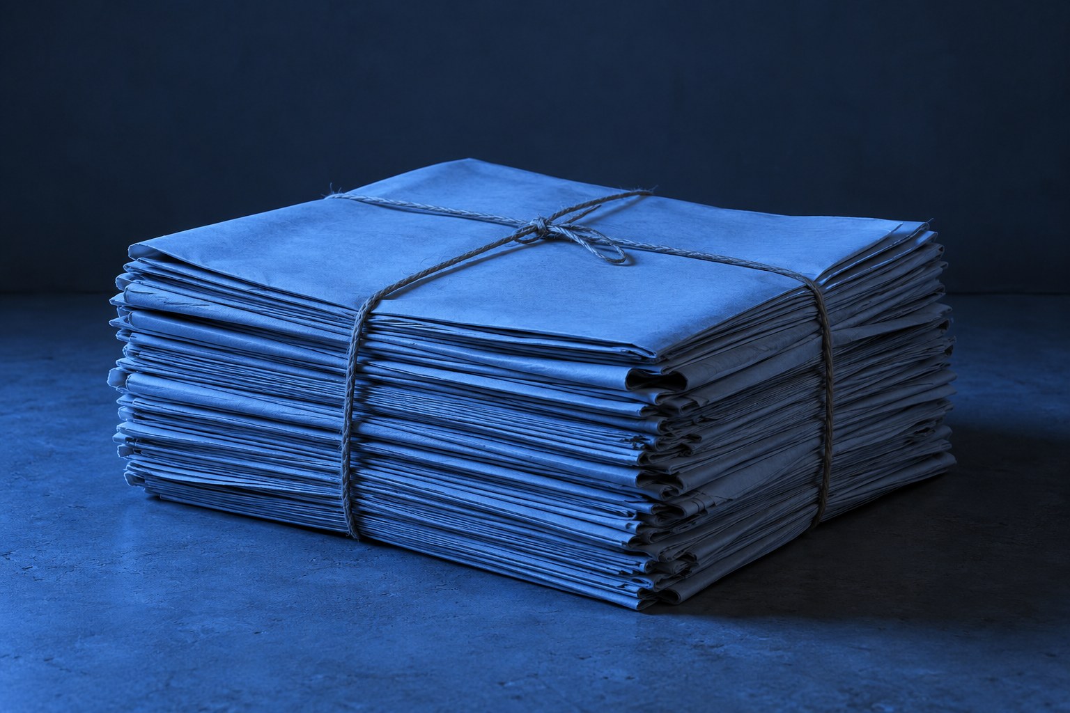 A tied bundle of folded newspapers under blue light