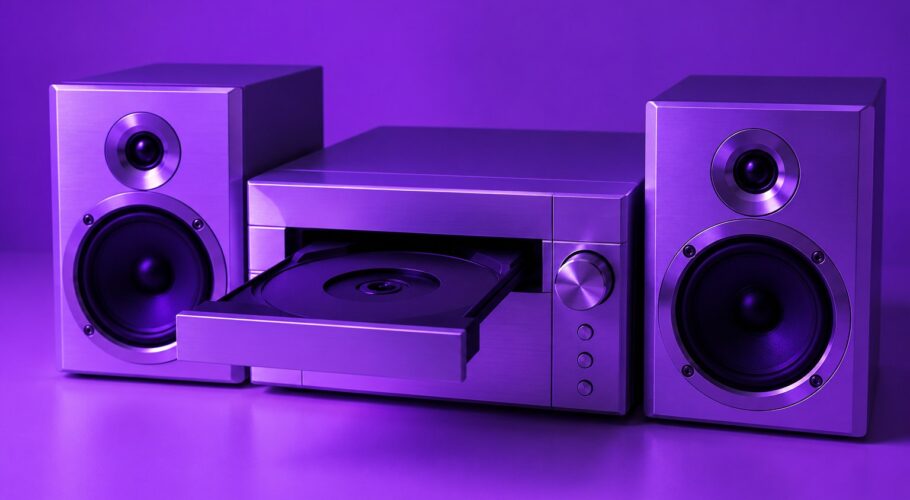a small silver bookshelf stereo with its CD tray open photographed in a studio