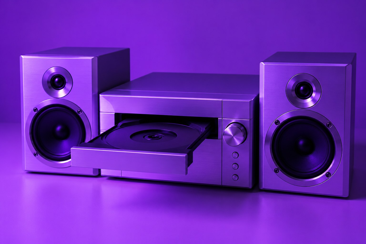 a small silver bookshelf stereo with its CD tray open photographed in a studio