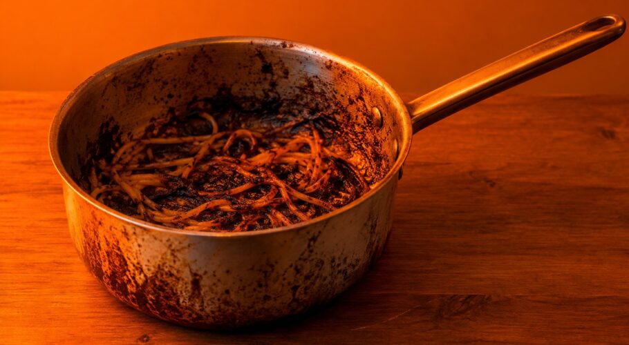 A scorched saucepan with burnt pasta stuck to the bottom