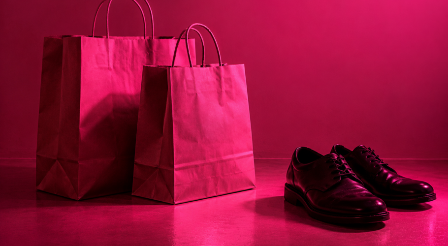 Shopping bags and black leather shoes in pink light