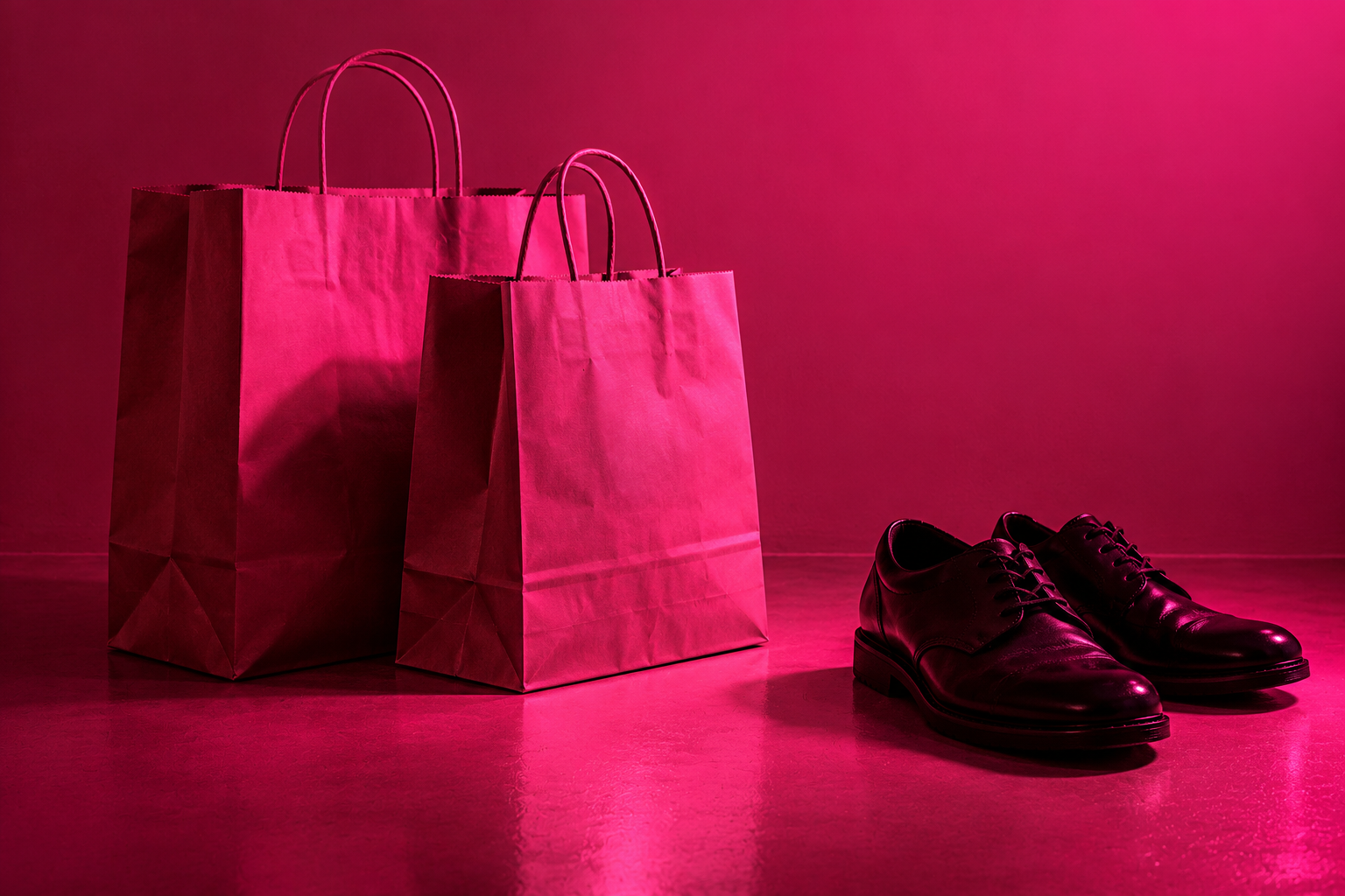 Shopping bags and black leather shoes in pink light