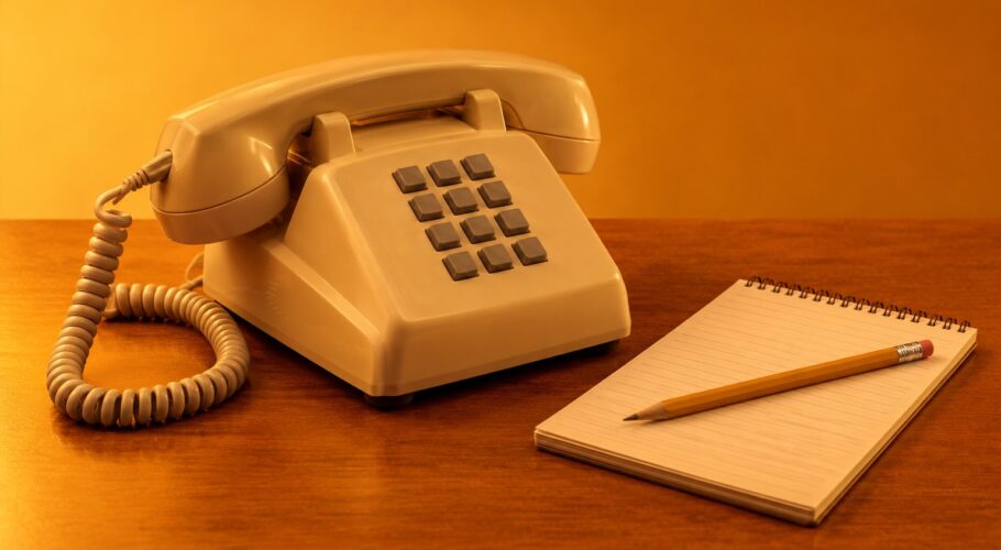 A beige corded phone with a notepad and pencil