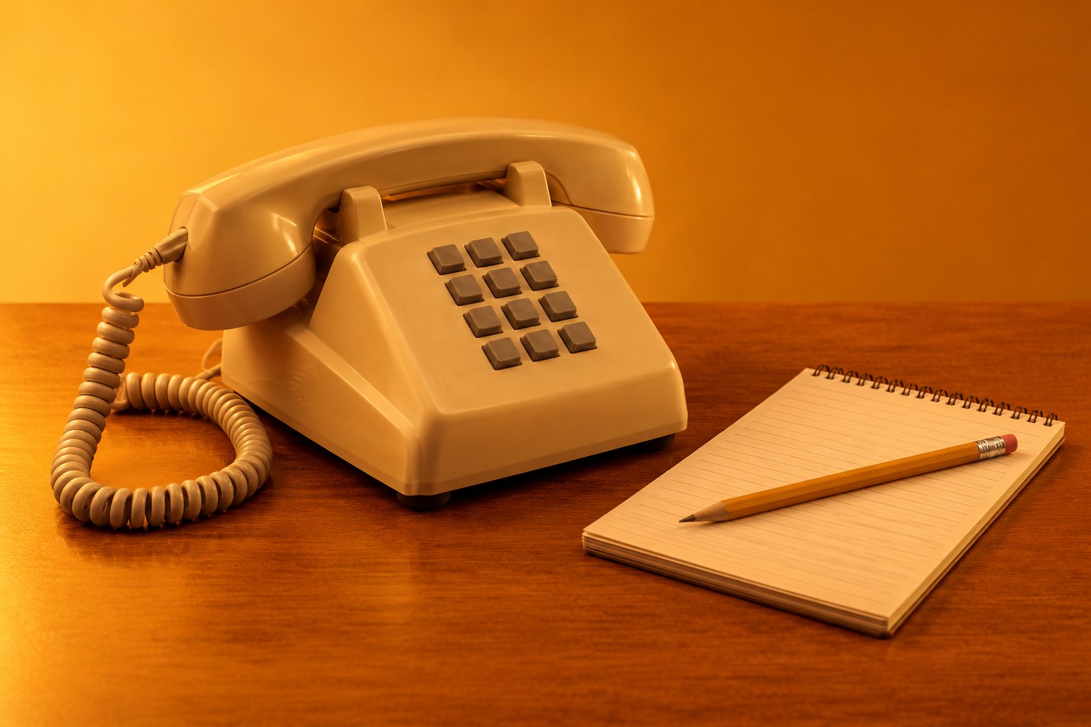 A beige corded phone with a notepad and pencil