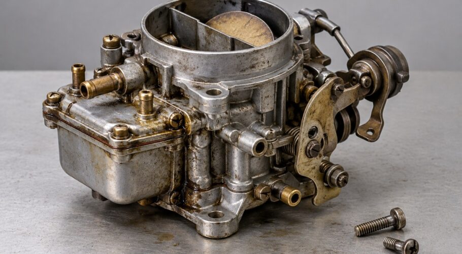 An old metal car carburettor with loose screws beside it.