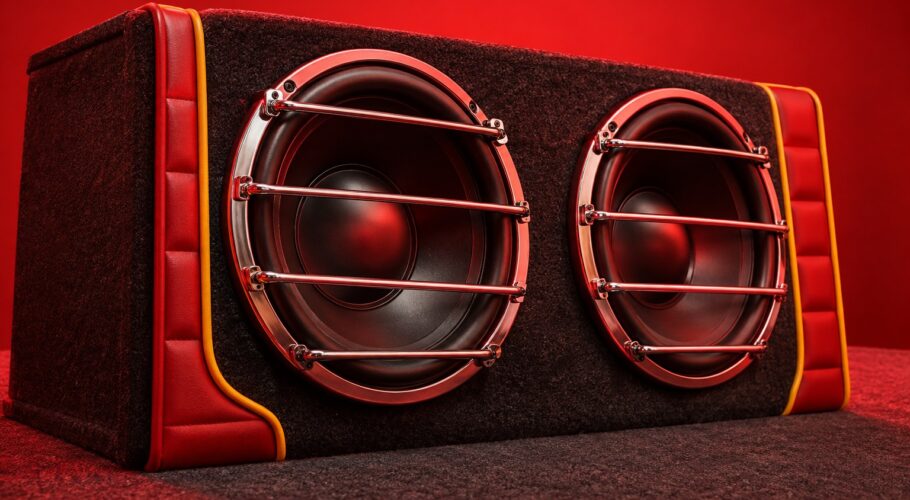 Two large subwoofers in a carpeted boot box.