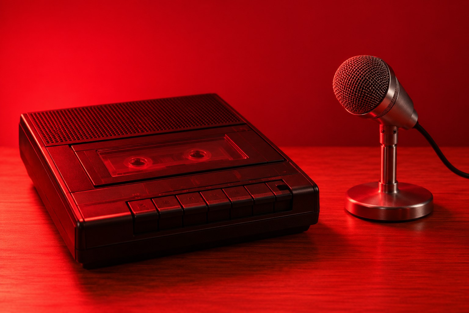 A black cassette recorder with a silver microphone on a wooden desk under red light