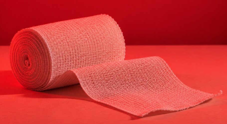 a white elastic bandage roll partly unrolled on a pale surface photographed in a studio
