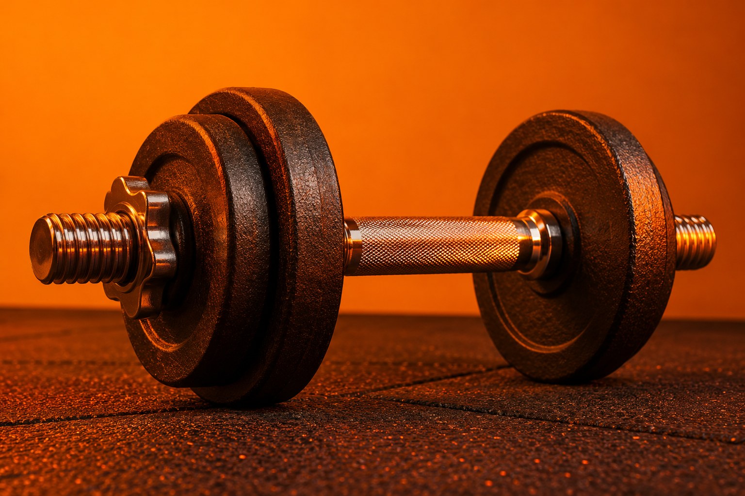 Cast-iron weight plates on a chrome dumbbell bar on a rubber mat
