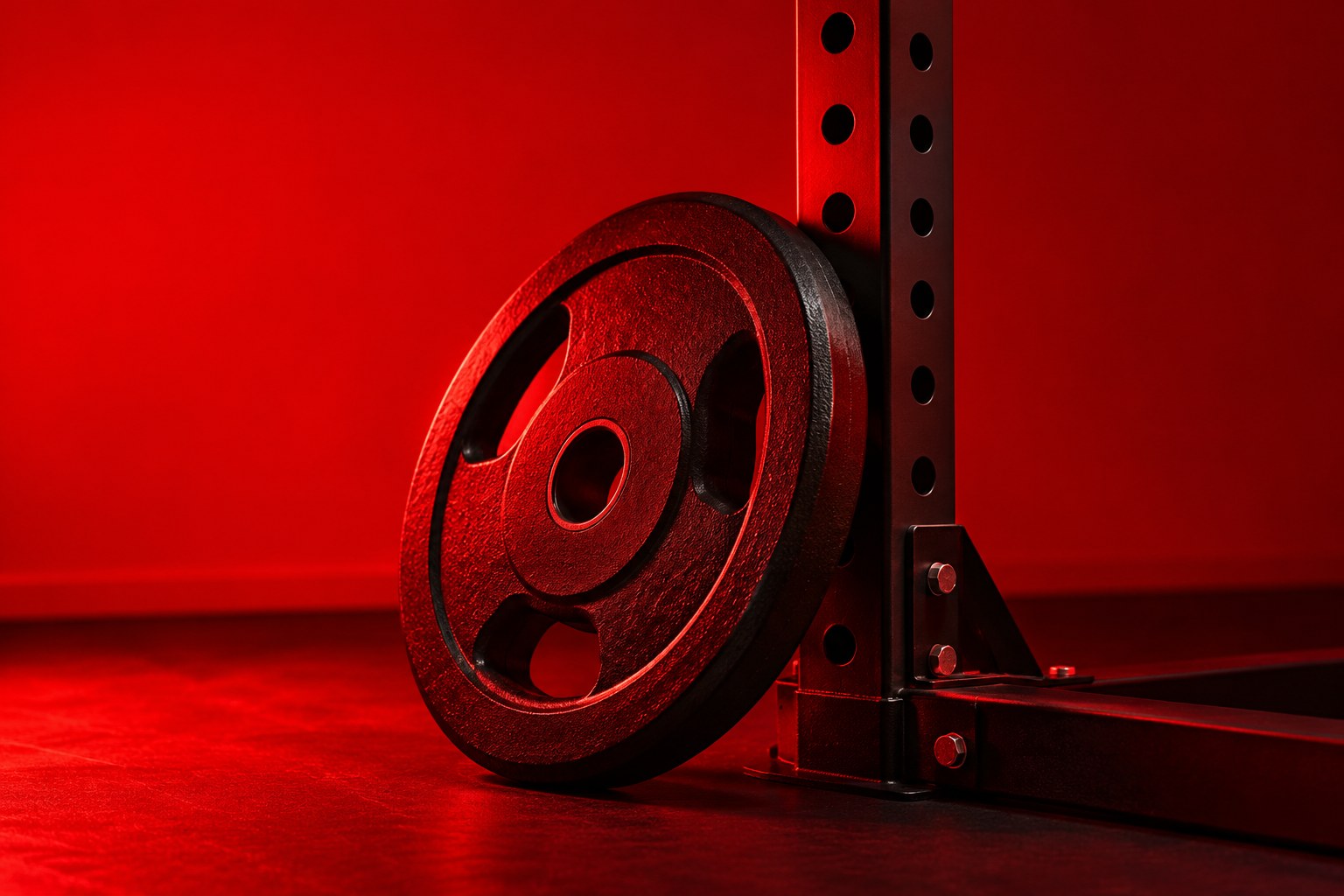 A black cast-iron weight plate leaning against a steel gym rack
