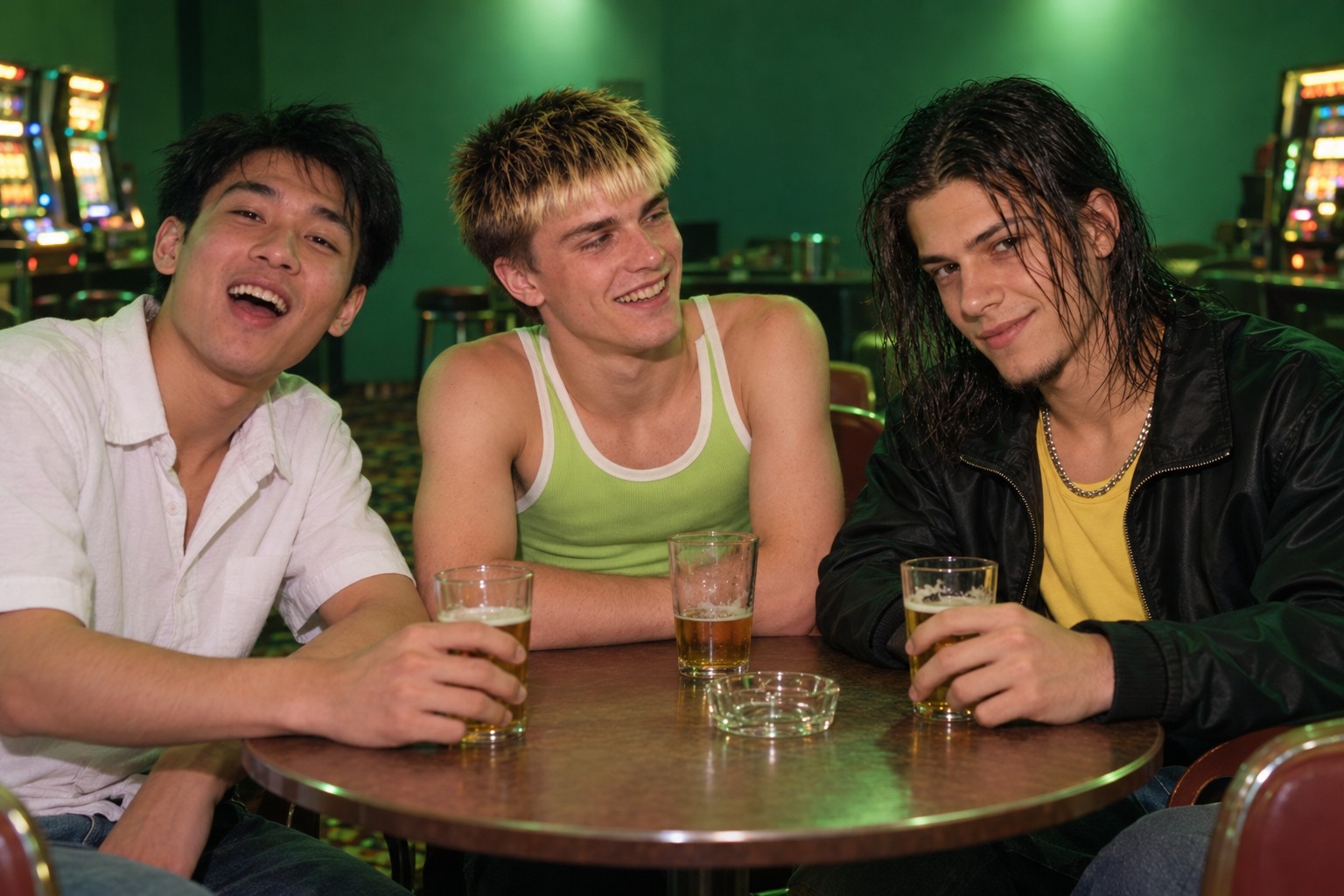 Three young men laugh together at a table in the quiet room of a registered club with glowing machines behind them, 1990s Australia.
