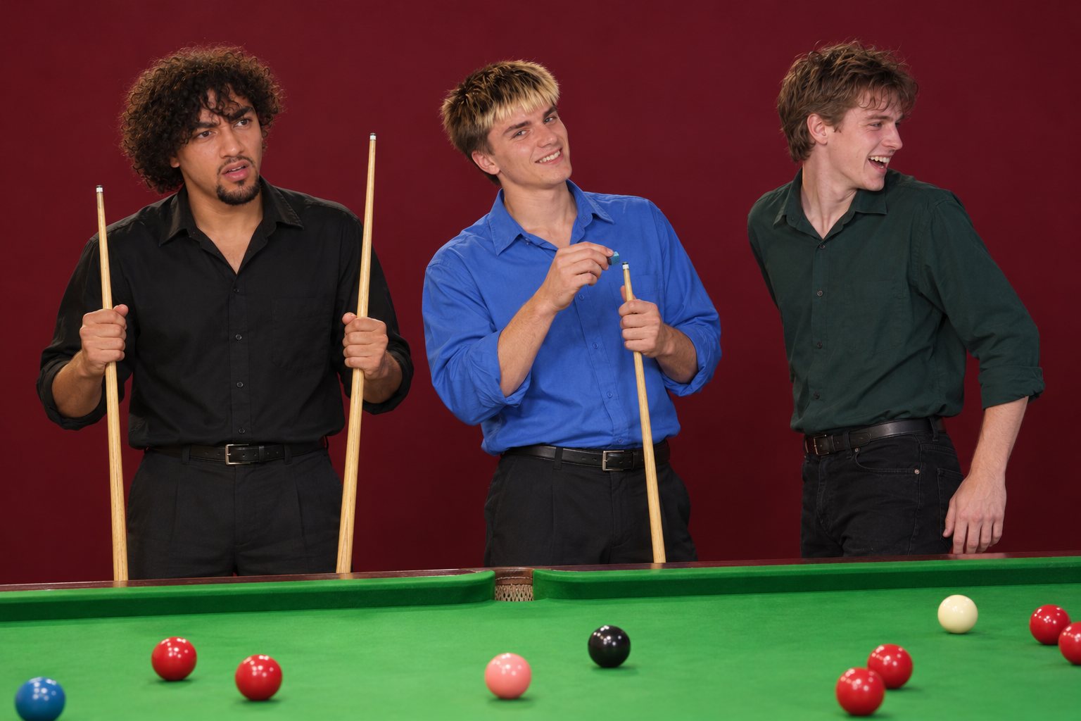 Three friends at a snooker table, one holding two cues and looking confused, studio photograph in the style of 1999 Sydney
