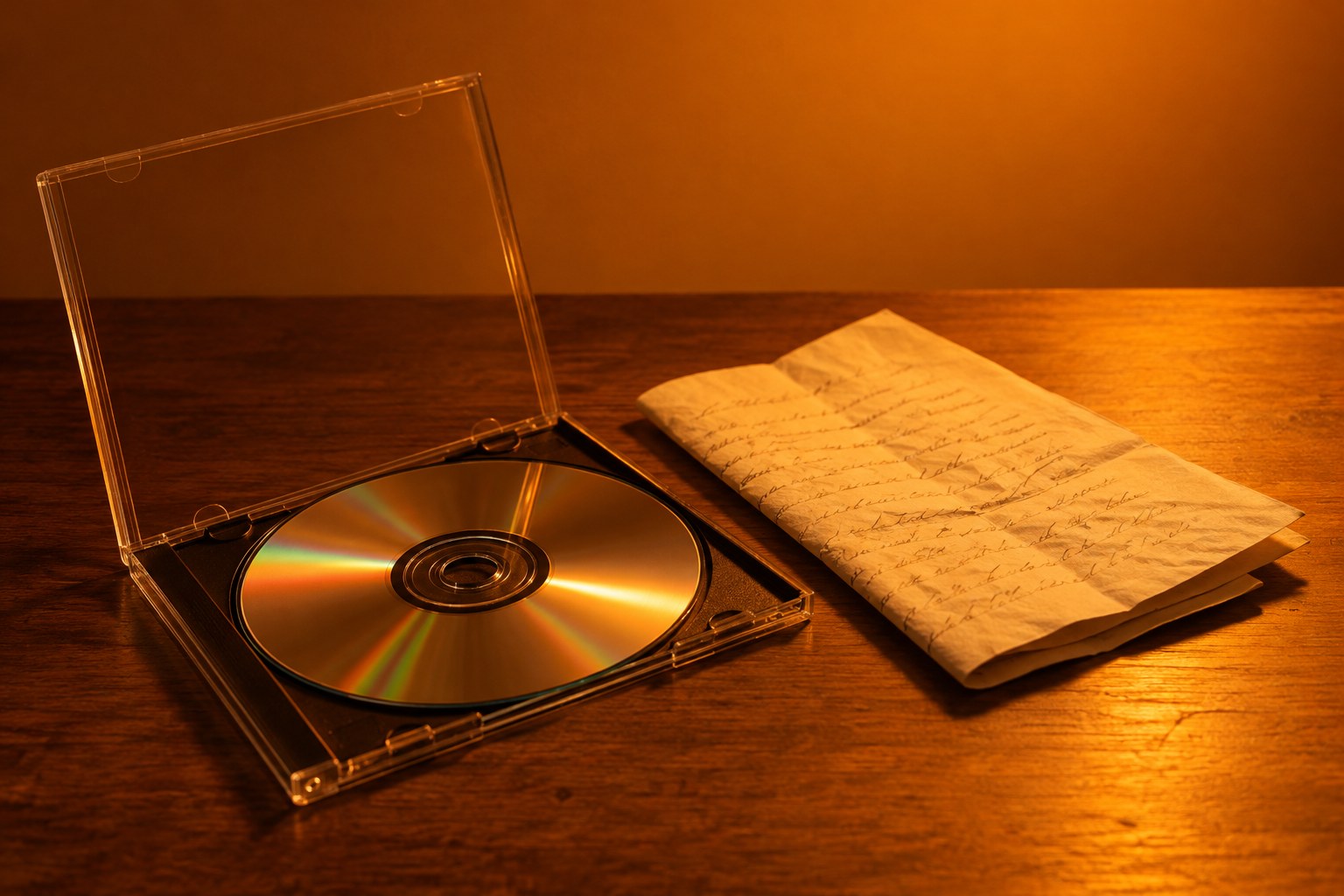 An open CD case beside a folded cream letter on a wooden table in warm amber light