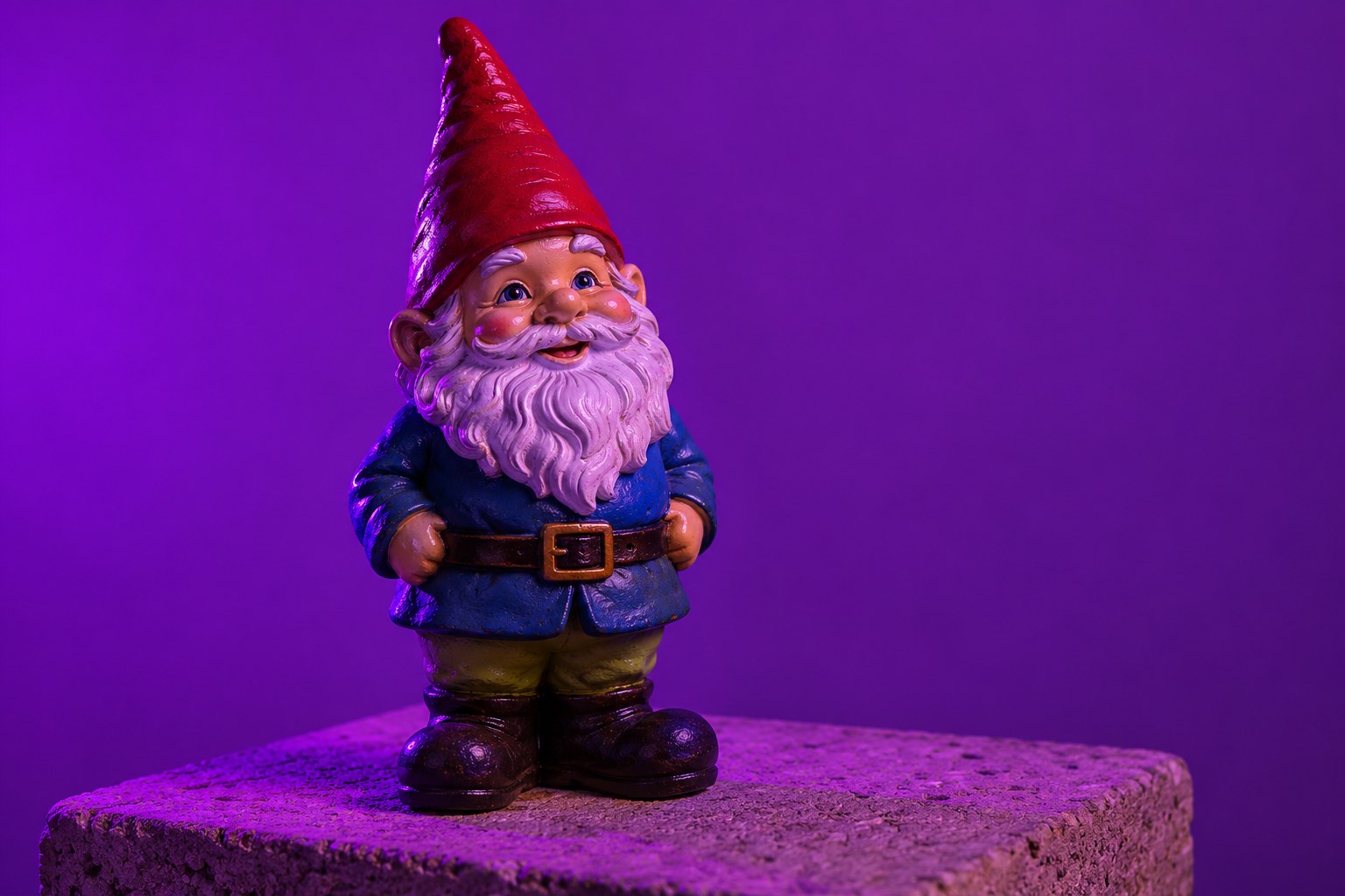A ceramic garden gnome with a red hat on a concrete paver in purple light