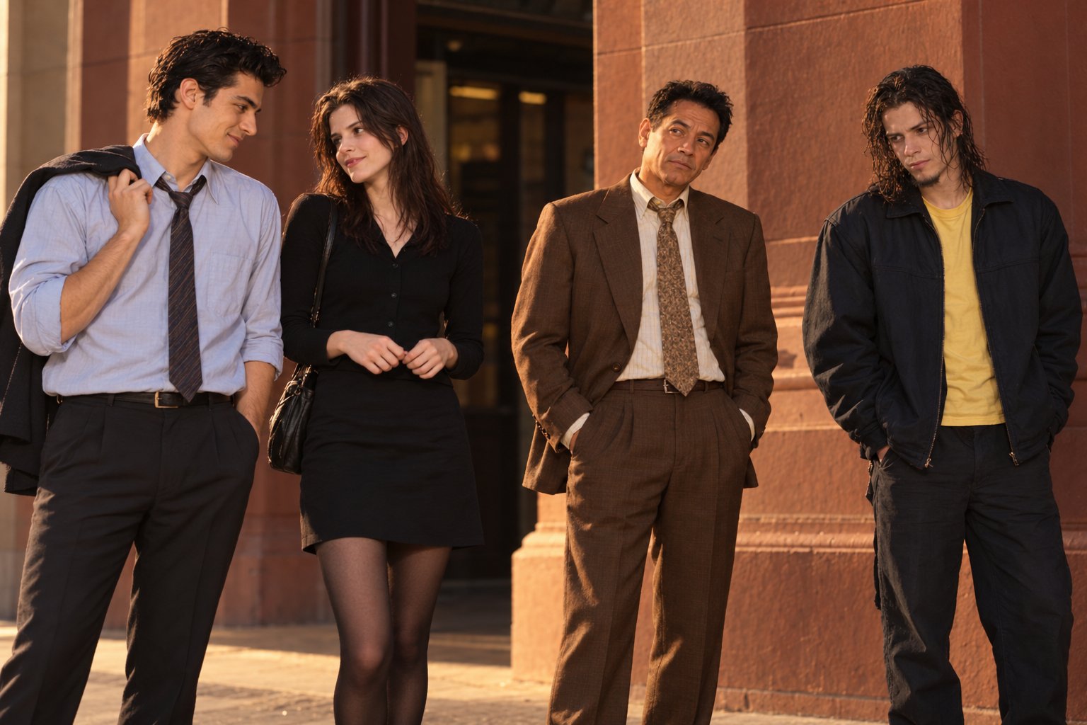 A young man in a shirt and tie chats with a young woman outside a 1990s Sydney train station while others stand aside.