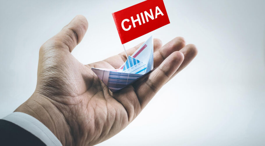 china word flag with boat made paper graph businessman hand business