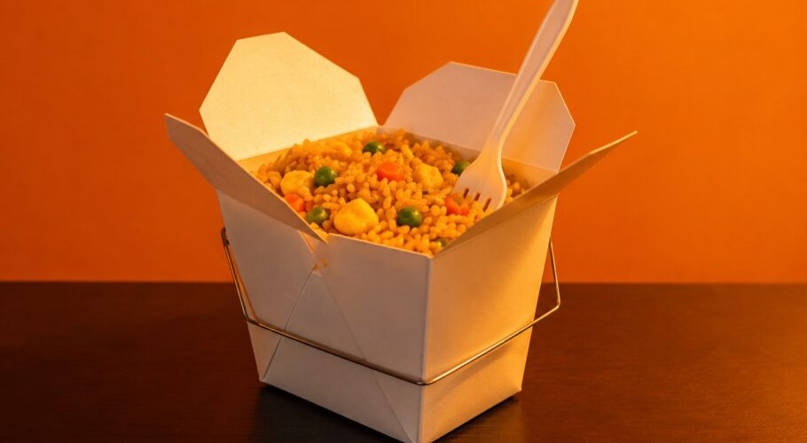 A takeaway pail of fried rice with a plastic fork.