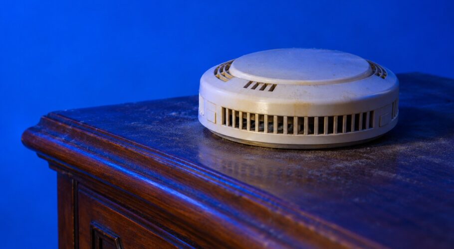 A dusty round smoke detector on top of an old wardrobe
