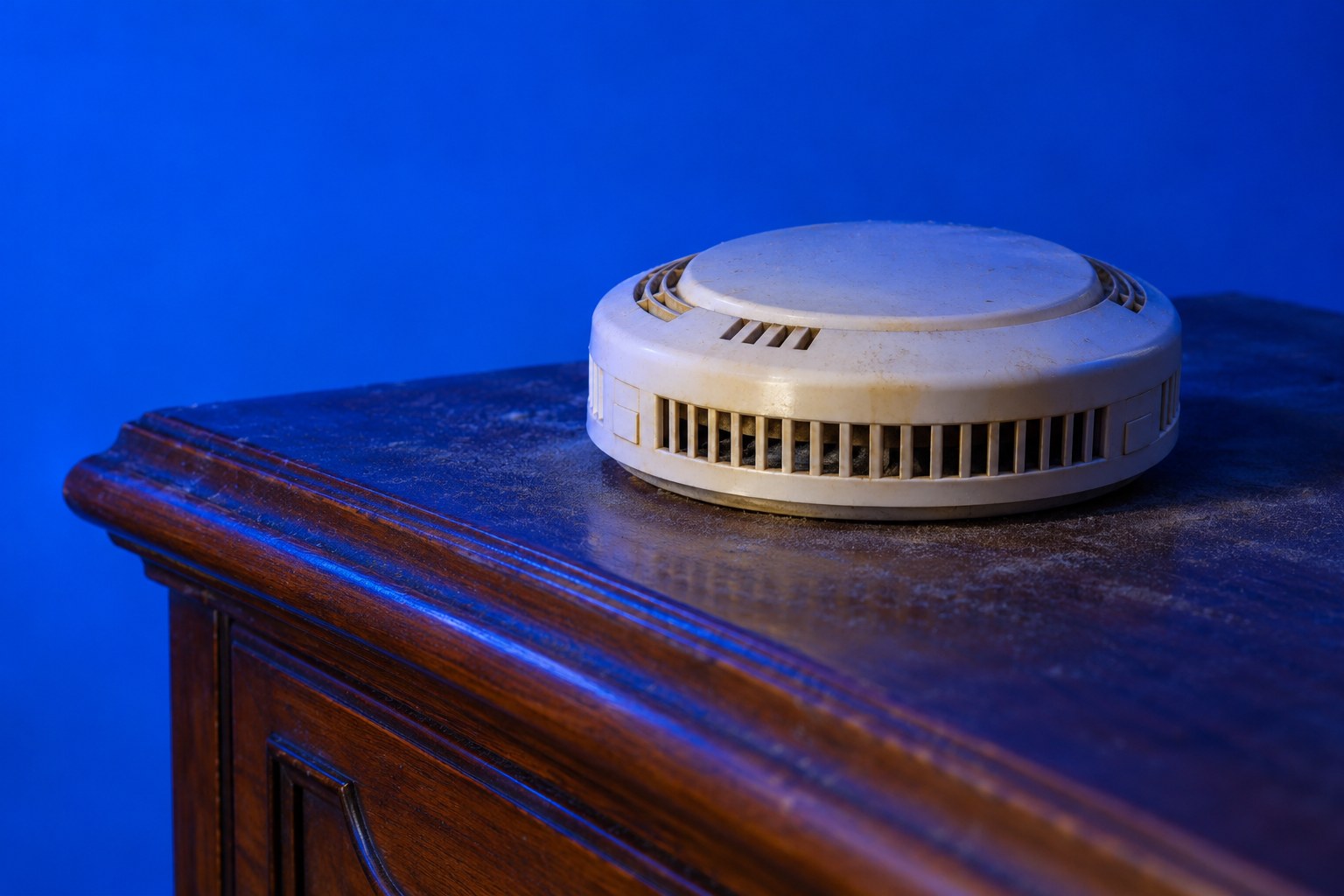 A dusty round smoke detector on top of an old wardrobe