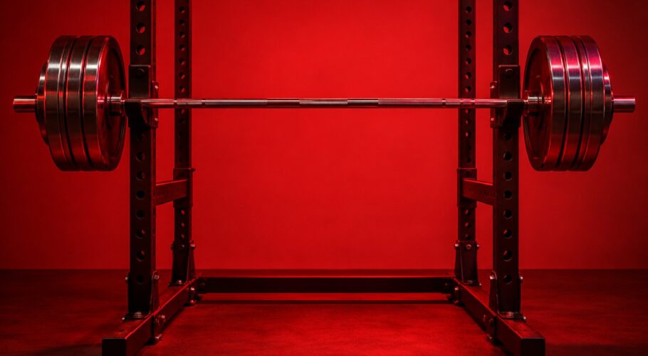 A chrome barbell loaded with iron plates on a bench press rack