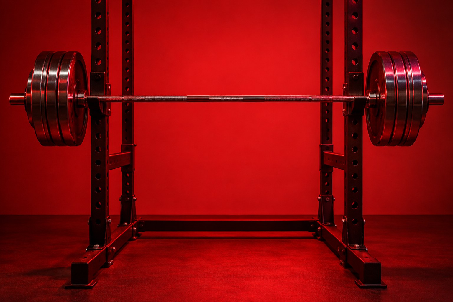 A chrome barbell loaded with iron plates on a bench press rack