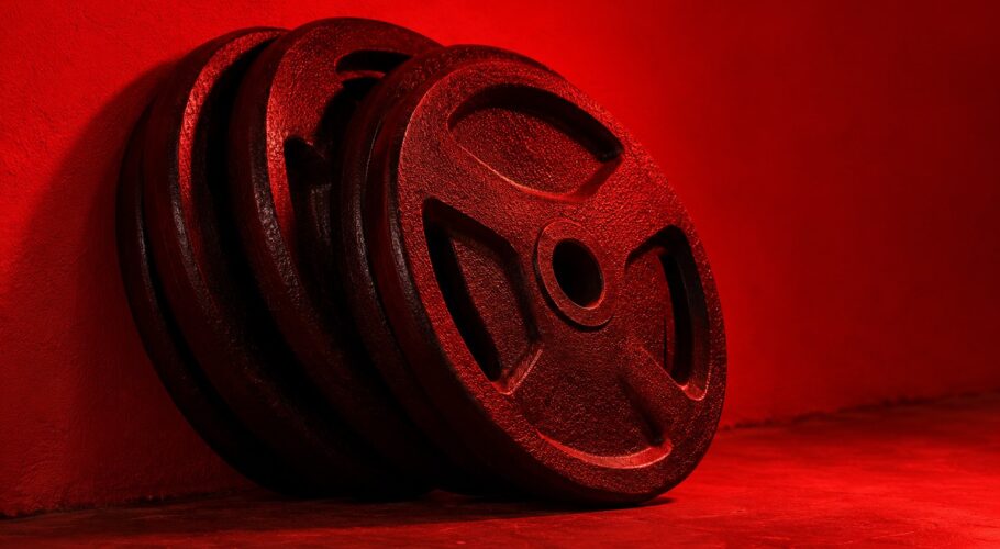 A chrome barbell loaded with cast iron weight plates in red light