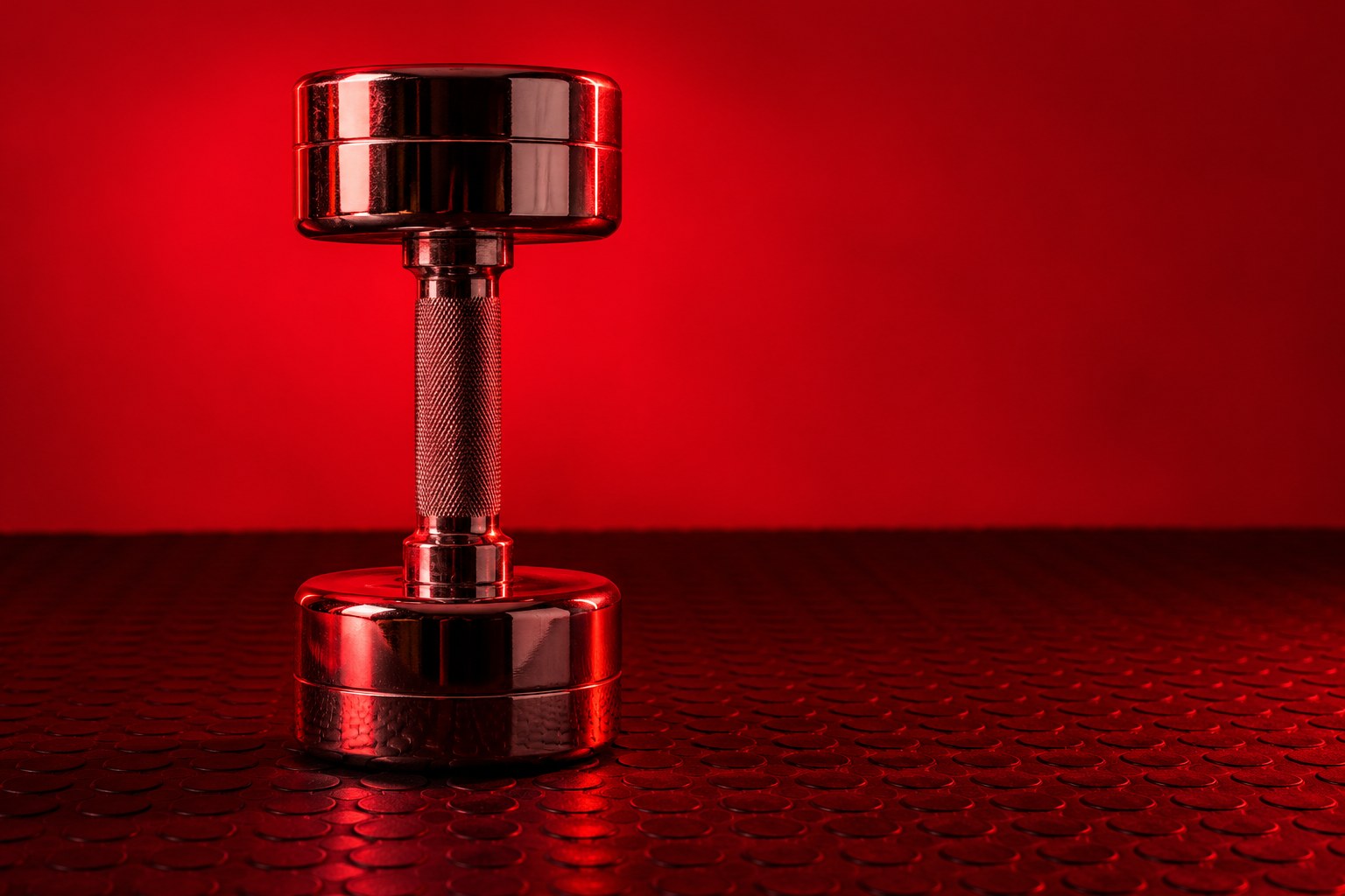 A chrome barbell with heavy cast-iron plates on a rubber floor