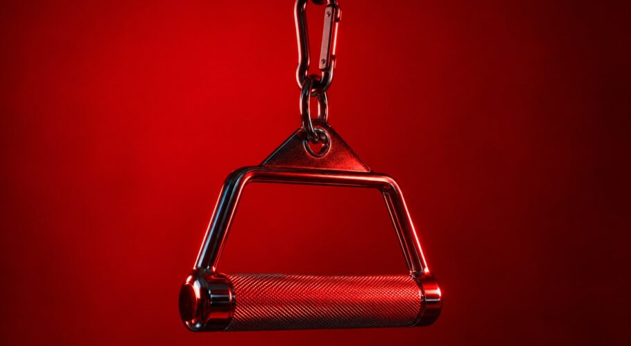 A chrome barbell loaded with weight plates on a padded gym bench