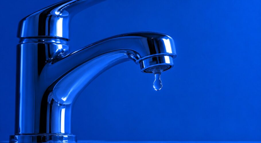 A chrome bathroom tap with one water drop about to fall under blue light