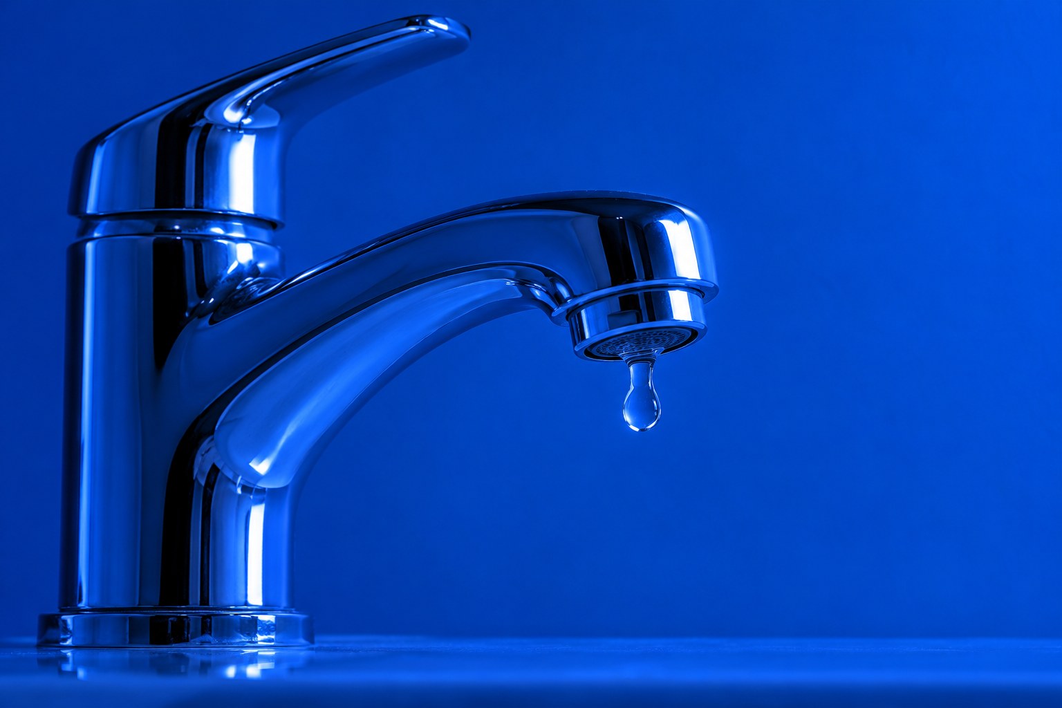 A chrome bathroom tap with one water drop about to fall under blue light