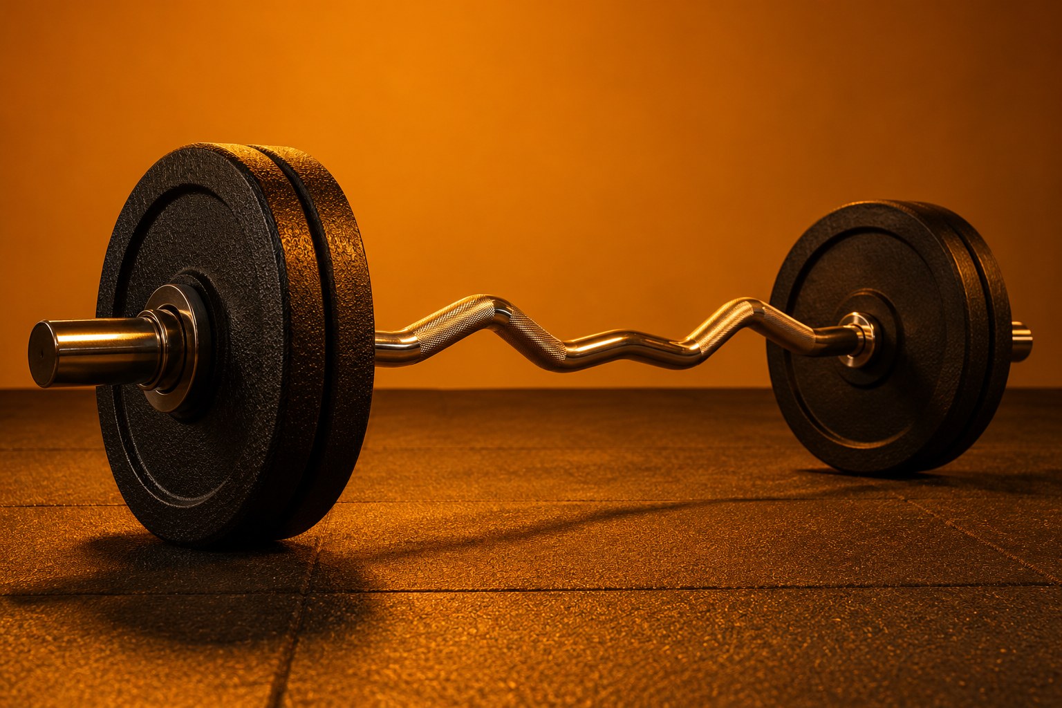 A chrome curl bar with black cast-iron plates on a rubber floor under amber light