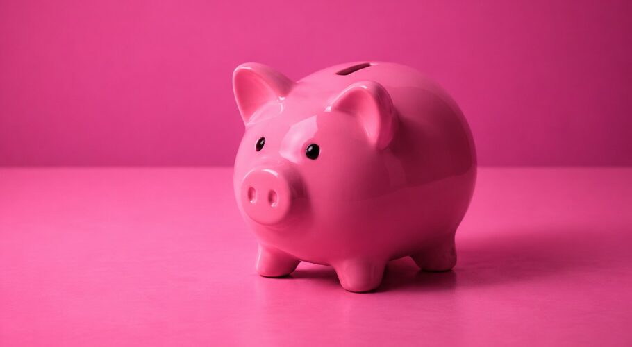 a small pink ceramic piggy bank on a pale surface photographed in a studio