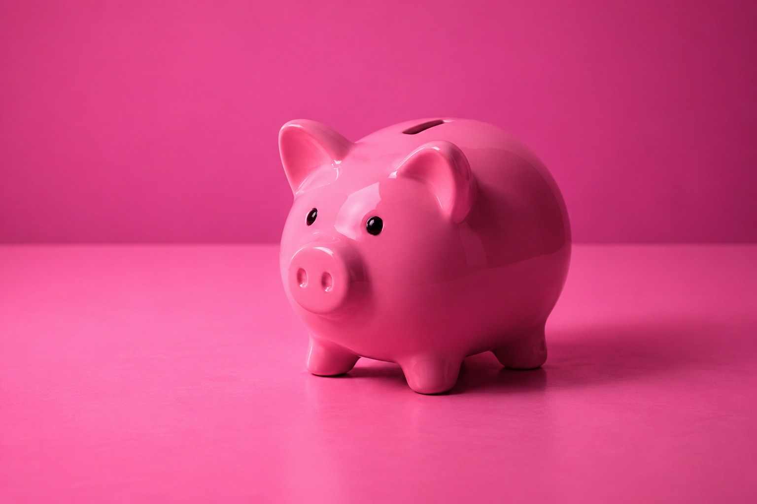 a small pink ceramic piggy bank on a pale surface photographed in a studio