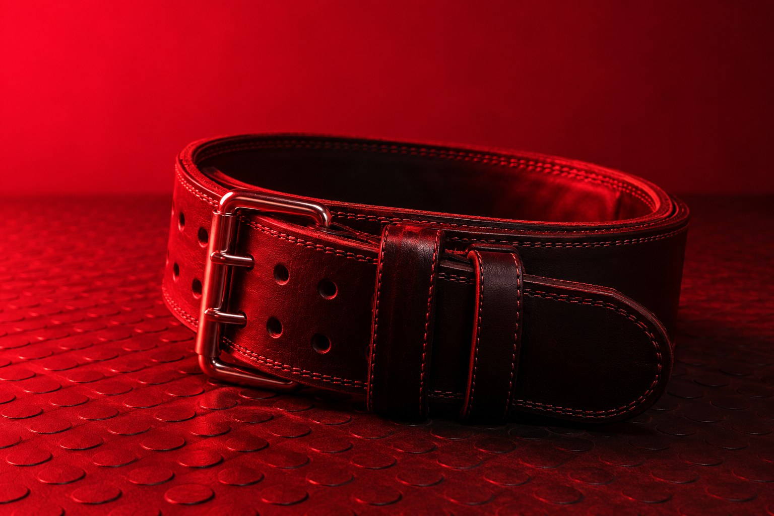 a leather weightlifting belt coiled on a rubber mat photographed in a studio