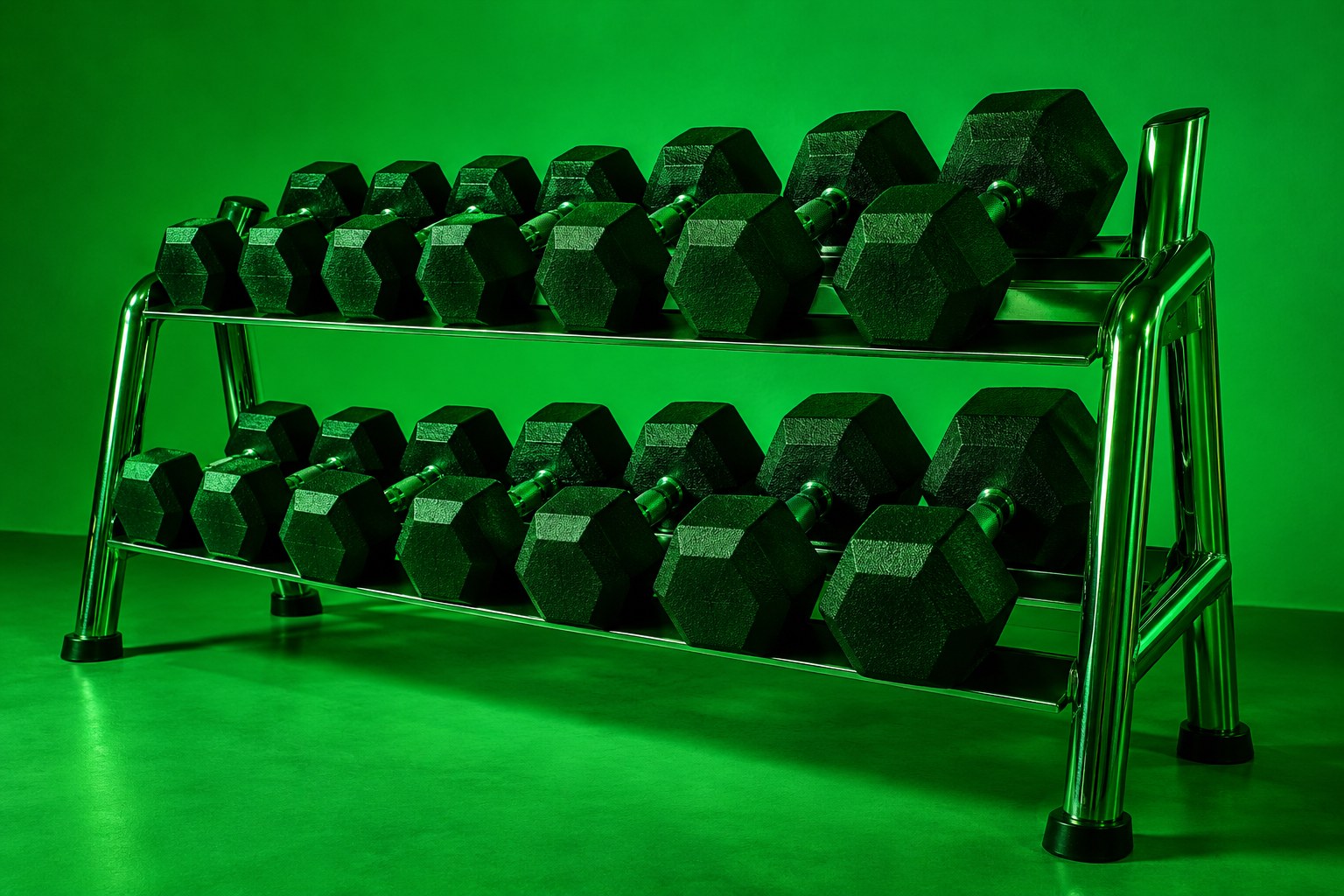 A chrome barbell loaded with cast iron plates on a rubber floor