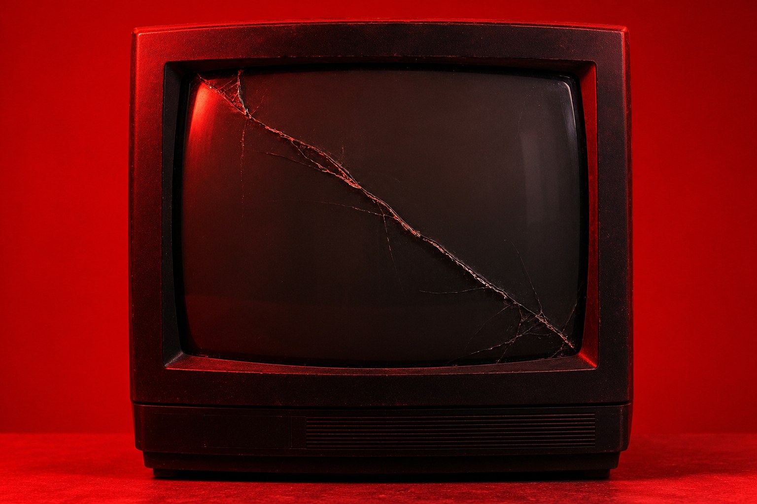 a boxy 1990s CRT television with a long diagonal crack across its dark glass screen photographed in a studio