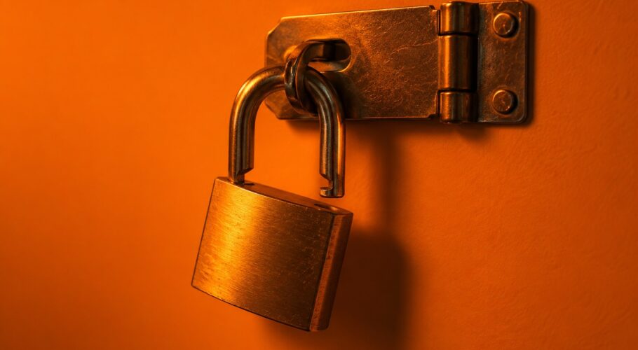 a heavy brass padlock hanging open on a steel hasp photographed in a studio