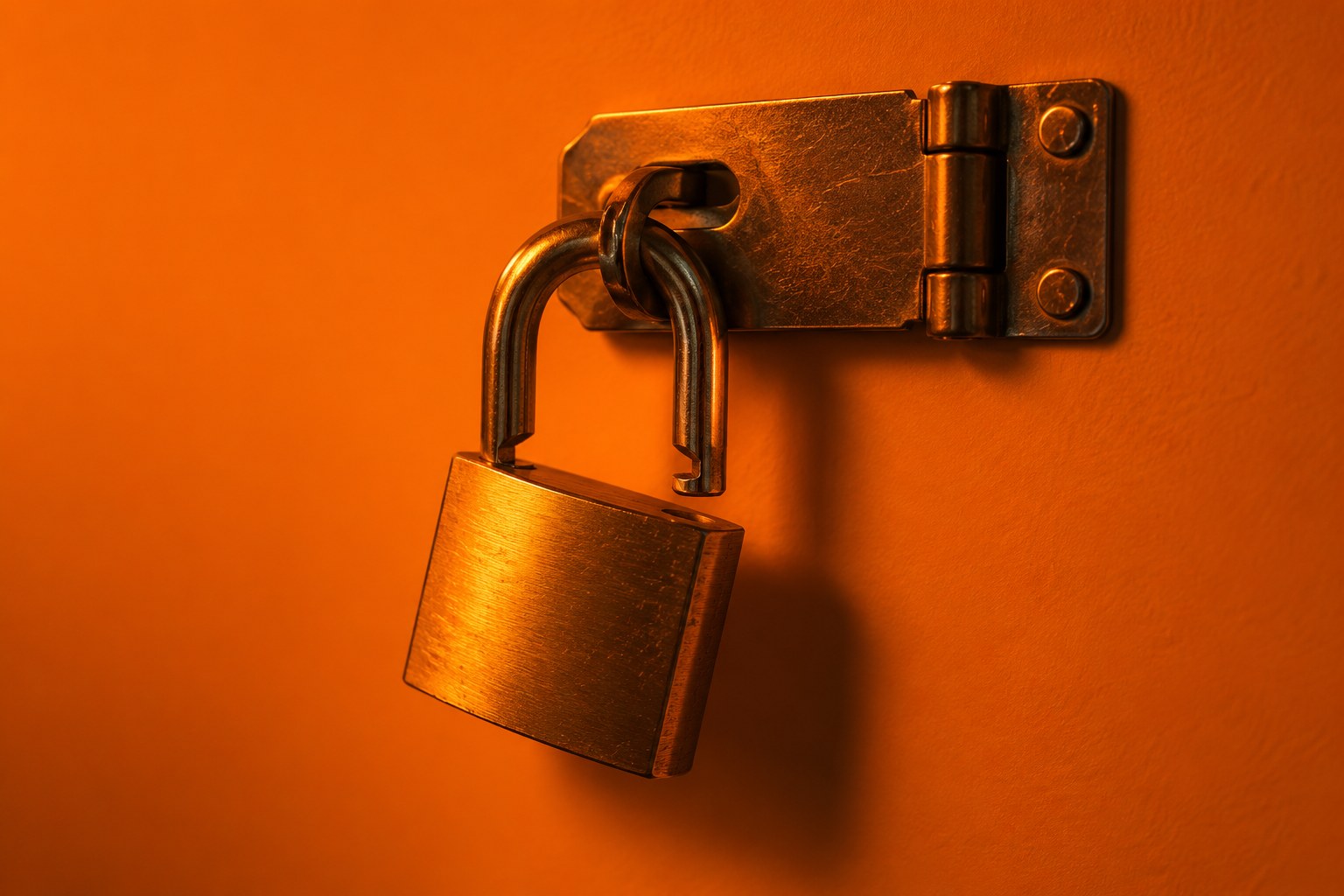 a heavy brass padlock hanging open on a steel hasp photographed in a studio