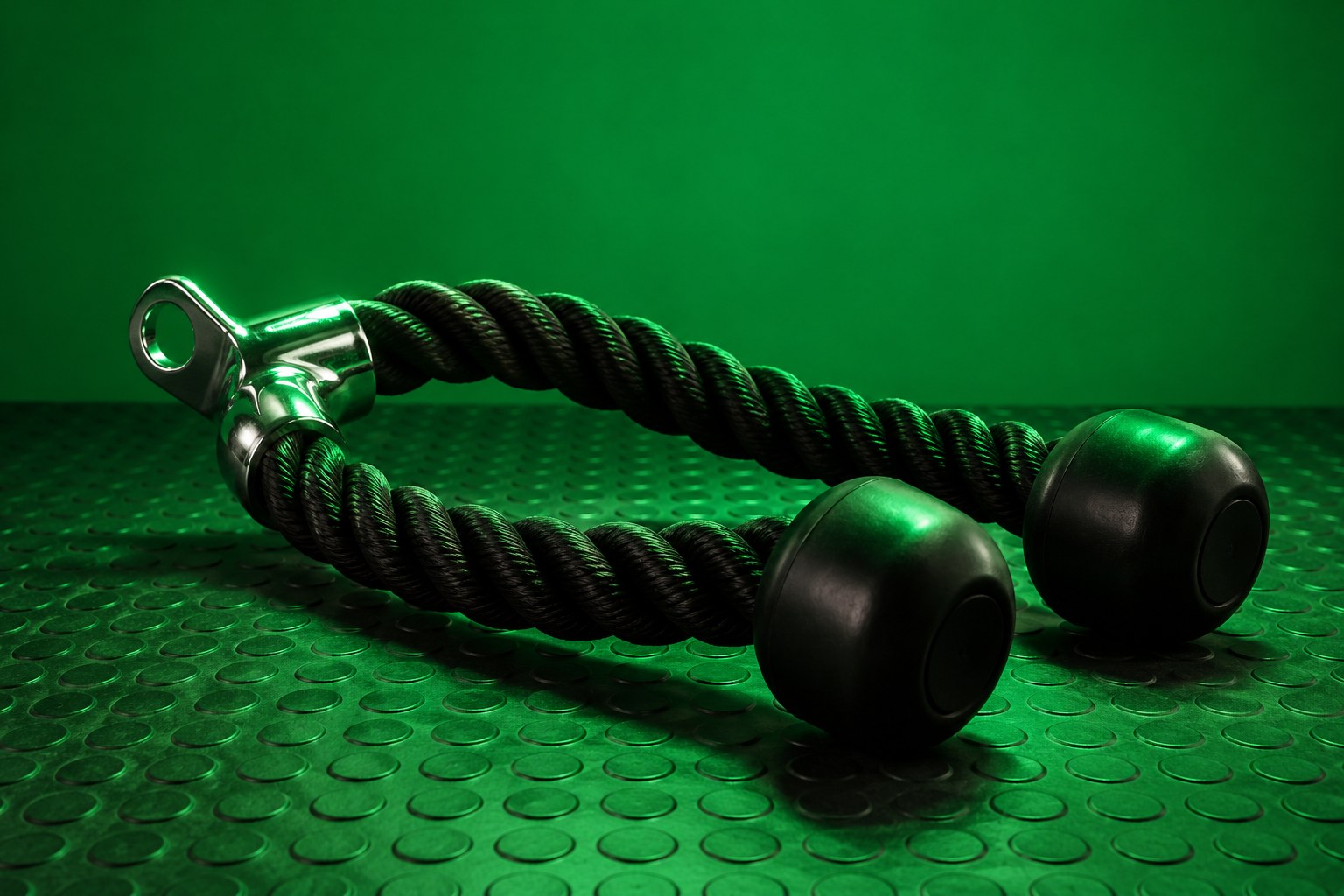 a chrome tricep rope attachment with black rubber ends on a rubber mat photographed in a studio
