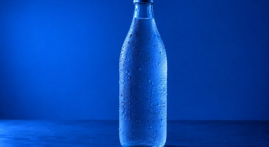 a frosted glass bottle of mineral water beaded with condensation photographed in a studio